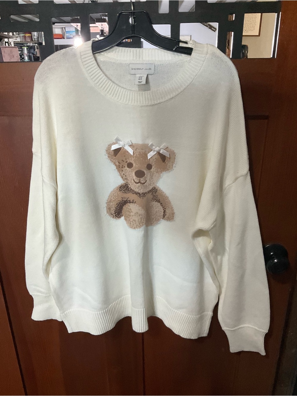 Sincerly Jules Cream Crewneck Sweater with Teddy Bear